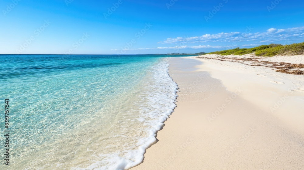 A serene beach scene with clear waters and soft sand under a blue sky. A serene beach scene with clear waters and soft sand under a blue sky.