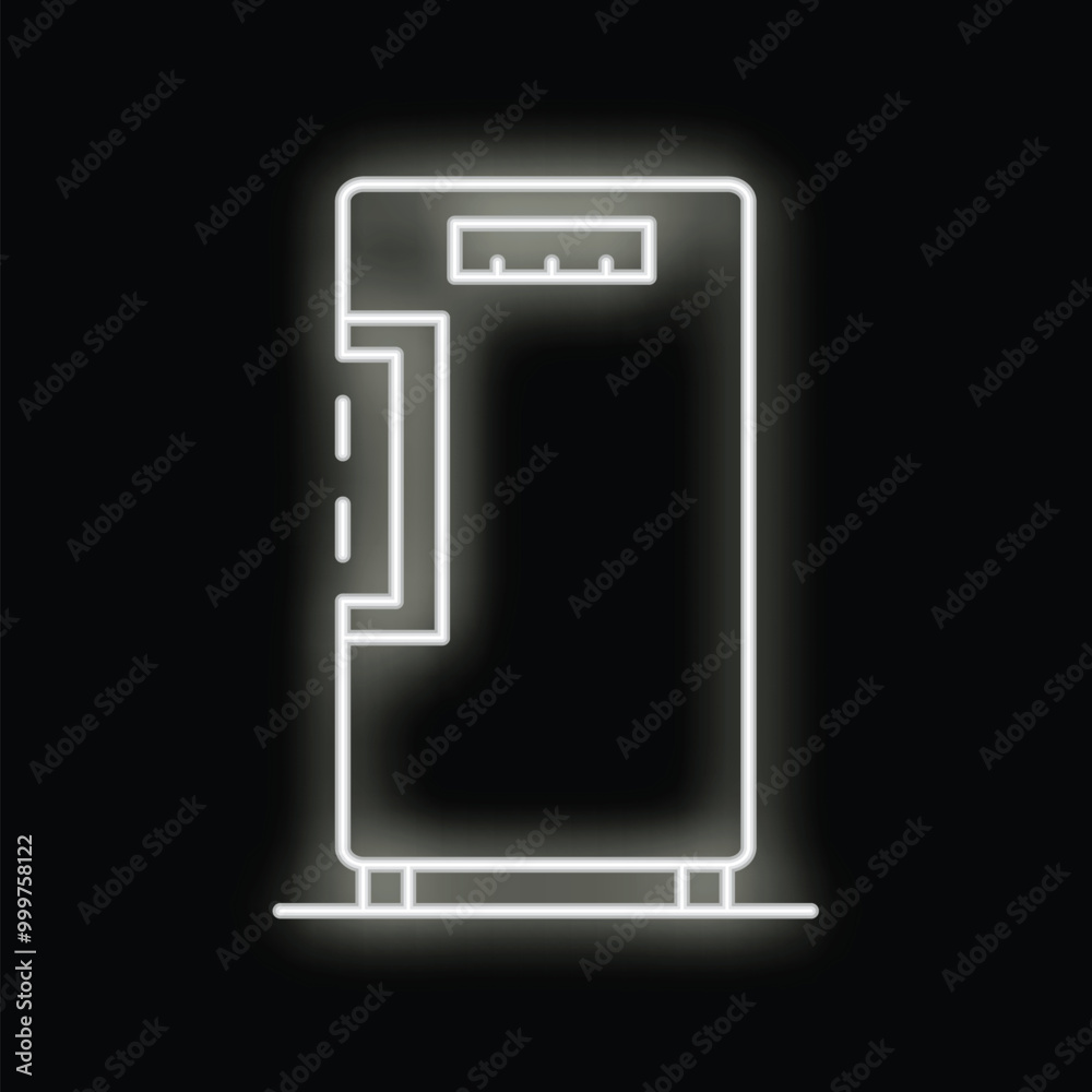 White neon icon of a refrigerator glowing on a black background White neon icon of a refrigerator glowing on a black background
