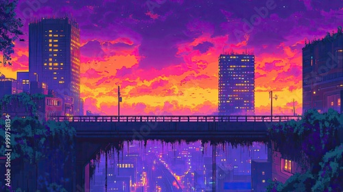 Wallpaper Mural A vibrant sunset over a cityscape with a bridge, showcasing a blend of colors and urban life. Torontodigital.ca