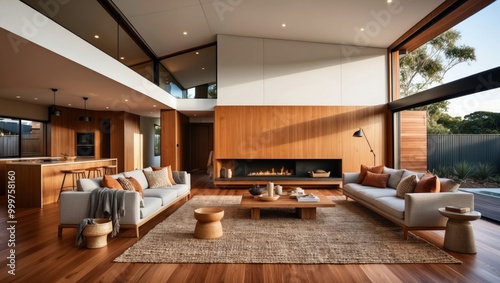 Spacious living room with modern design, featuring wood accents, cozy seating, and large windows bringing in natural light