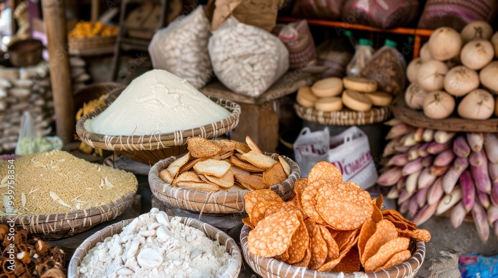 Assortment of Snacks and Grains at a Market Stall Assortment of Snacks and Grains at a Market Stall