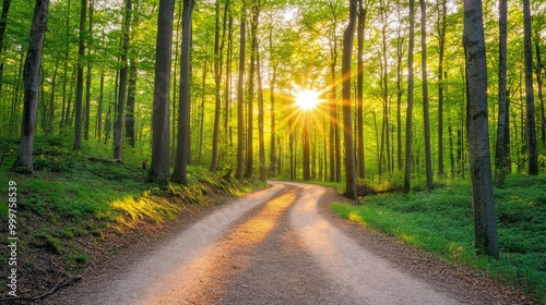 A serene forest path illuminated by sunlight, inviting exploration and tranquility.