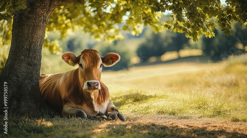 A content dairy cow lounging in the shade of a tree on a hot summer day, chewing cud with a relaxed, friendly expression. The countryside is bright and vibrant behind her. photo