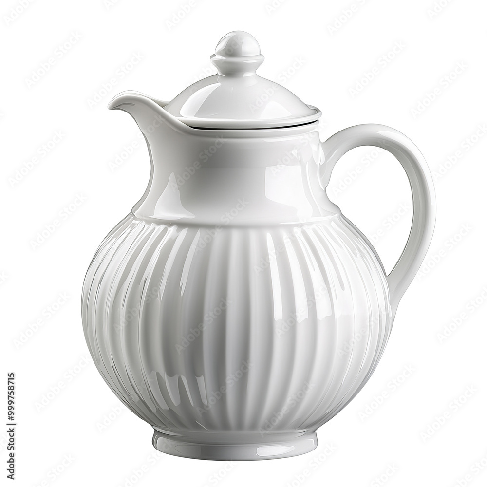 Elegant white porcelain pitcher with ribbed design, isolated. Elegant white porcelain pitcher with ribbed design, isolated.