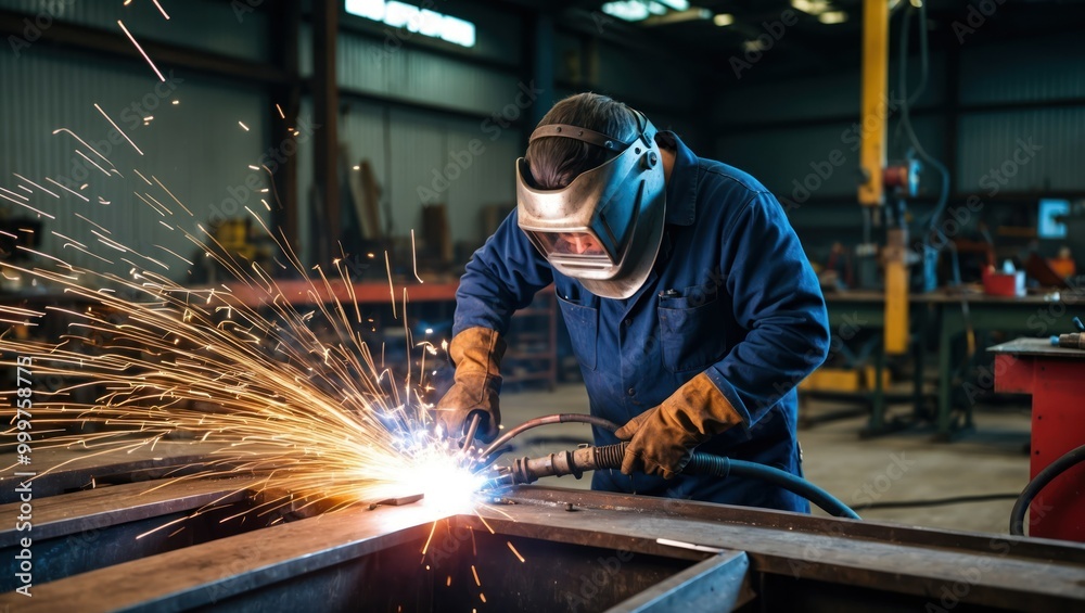 Welder working on metal components with sparks flying in industrial workshop, showcasing craftsmanship, safety practices, and skilled labor in action Welder working on metal components with sparks flying in industrial workshop, showcasing craftsmanship, safety practices, and skilled labor in action