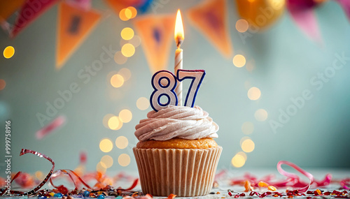 Birthday cupcake with burning lit candle with number 87. Number eighty-seven for eighty-seven years or eighty-seventh anniversary. photo