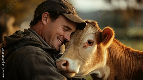 A dairy cow nuzzling up to a farmer, showcasing the bond between them. The cows soft expression and the farmers smile radiate a sense of care and friendliness. photo