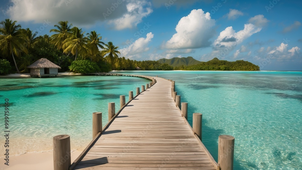 Obraz premium Serene tropical landscape featuring a wooden pier leading into turquoise waters, surrounded by lush palm trees and dramatic clouds