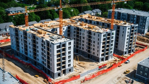 Construction site featuring cranes and partially built residential buildings, showcasing urban development and infrastructure growth in a modern setting