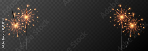 Vector realistic sparkler png. Bengal lights on isolated transparent background. Sparks, fireworks, Christmas light.