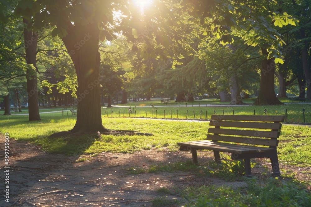 A park bench situated in the middle of a green park A park bench situated in the middle of a green park