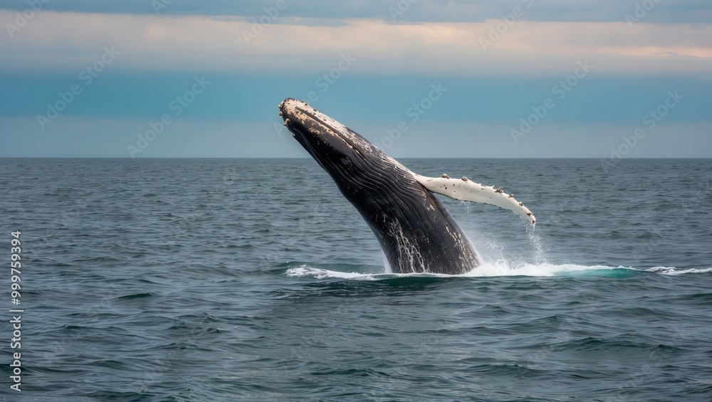 Fototapeta premium Humpback whale breaching the surface, showcasing powerful grace in ocean environment, emphasizing marine wildlife and conservation importance