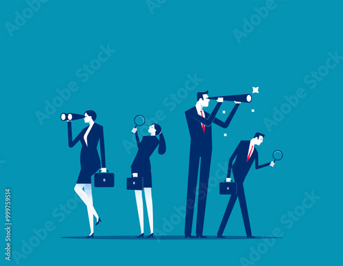 Search opportunity, finding new job, inspection or research, SEO or analyze for optimization, inspect or looking for future, career development concept, business people with binoculars, telescope.