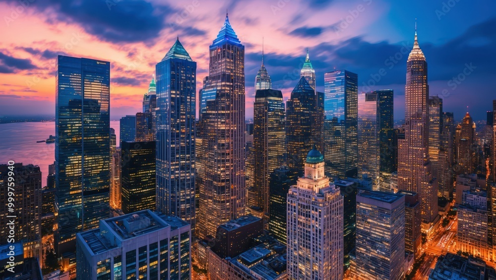 Obraz premium Stunning city skyline during sunset showcases modern skyscrapers and vibrant colors, symbolizing urban life and travel opportunities