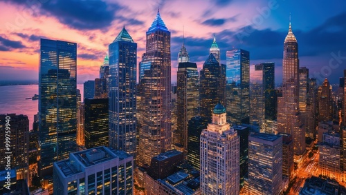 Stunning city skyline during sunset showcases modern skyscrapers and vibrant colors, symbolizing urban life and travel opportunities