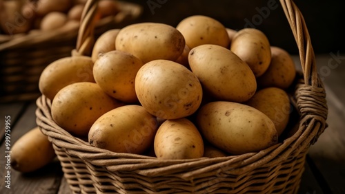  Freshly harvested potatoes in a woven basket