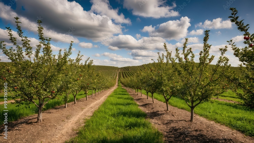 Fototapeta premium Scenic orchard with apple trees lining a path, under a bright blue sky adorned with clouds Perfect for nature lovers and outdoor activities
