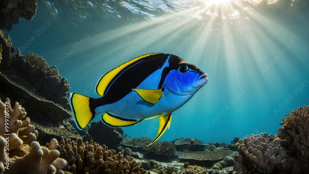 Fototapeta premium Colorful fish swimming amidst vibrant coral in clear underwater environment, showcasing marine life diversity and tranquility of ocean ecosystems