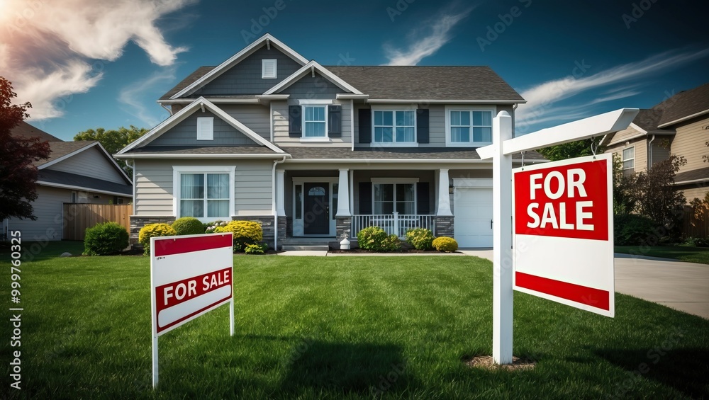 Modern suburban house with 'For Sale' signs in front, showcasing a well maintained lawn and inviting exterior, perfect for homebuyers seeking new properties Modern suburban house with 'For Sale' signs in front, showcasing a well maintained lawn and inviting exterior, perfect for homebuyers seeking new properties