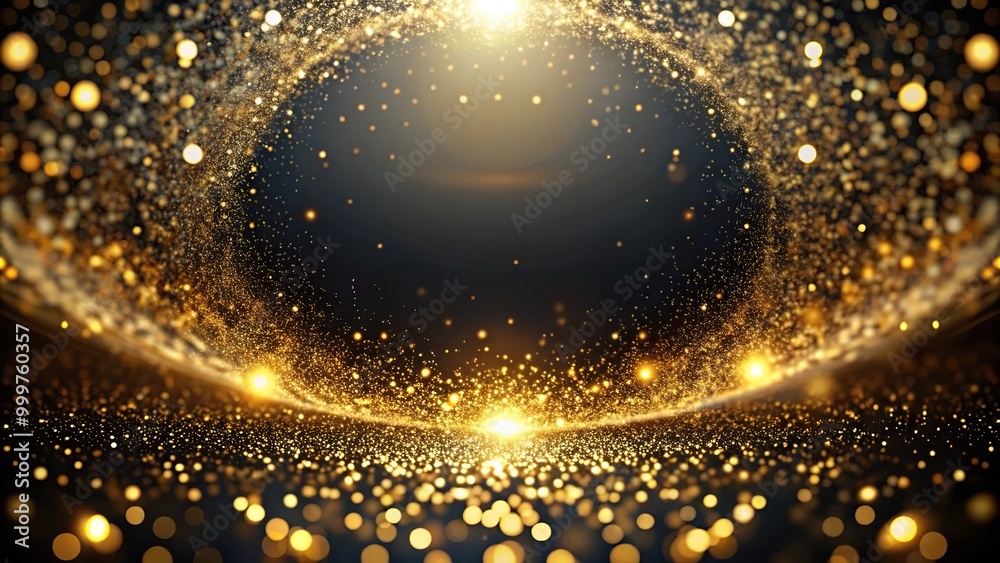 Golden particles floating on a black and gold background shot with a fisheye lens Golden particles floating on a black and gold background shot with a fisheye lens