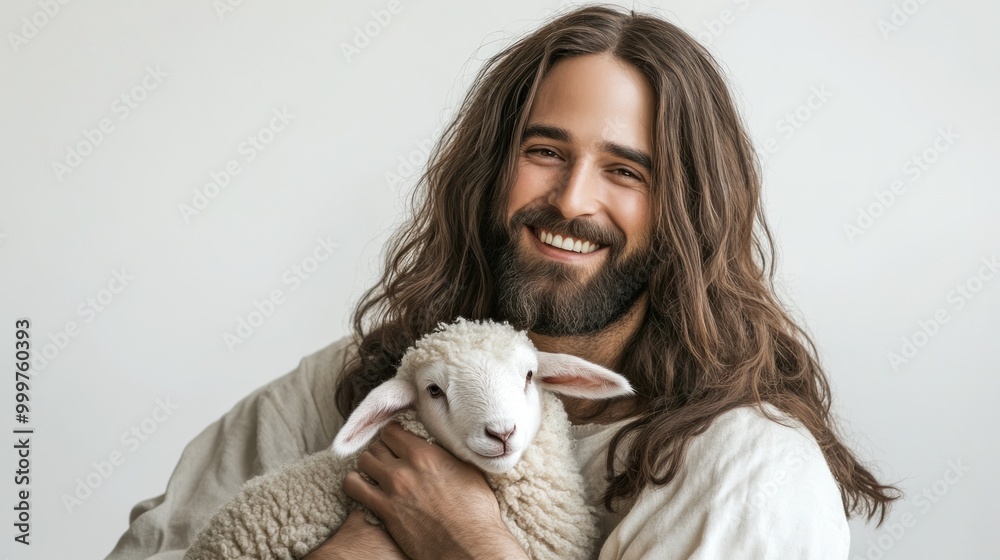 A serene figure gently cradling a lamb in a peaceful setting, reflecting compassion and harmony in nature. Generative AI A serene figure gently cradling a lamb in a peaceful setting, reflecting compassion and harmony in nature. Generative AI