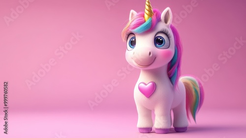 A friendly, fluffy unicorn with a rainbow-colored mane, big sparkling eyes, and a heart-shaped tail, standing on a soft pink background 