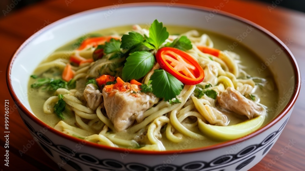 Delicious noodle soup with fresh herbs and vegetables Delicious noodle soup with fresh herbs and vegetables