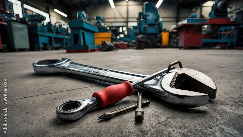Close up of tools on a workshop floor, showcasing a wrench, socket, and screwdriver, emphasizing hands on mechanical and industrial work Close up of tools on a workshop floor, showcasing a wrench, socket, and screwdriver, emphasizing hands on mechanical and industrial work