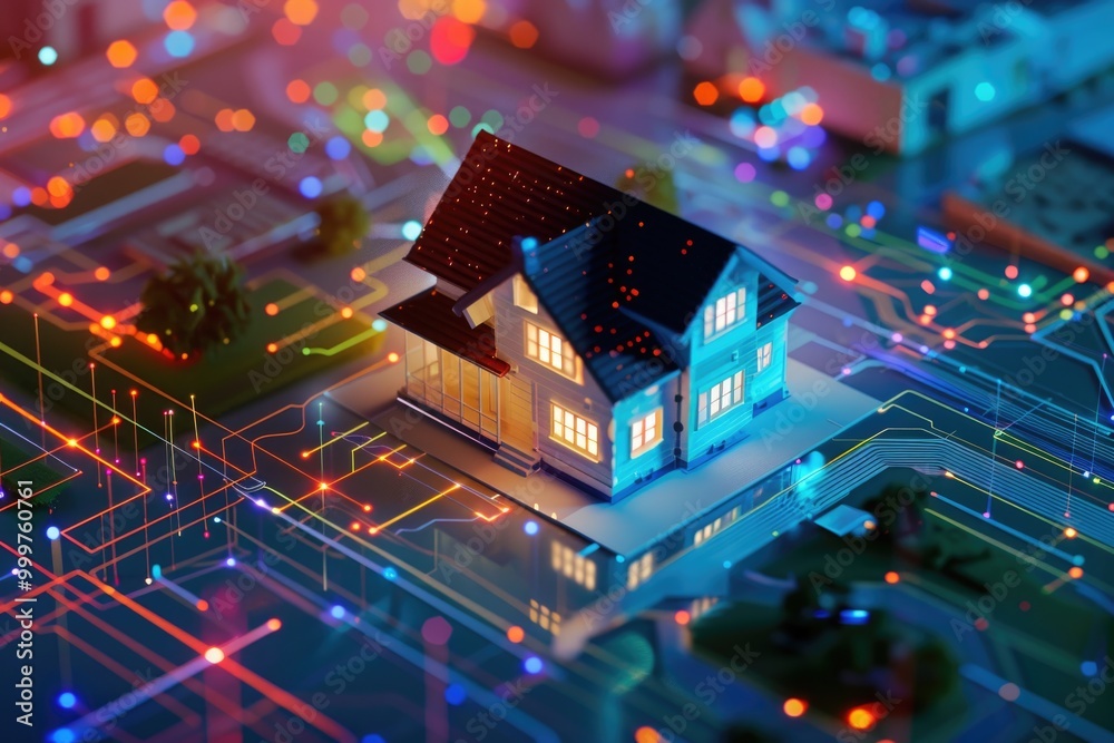 Obraz premium A miniature house sits on top of a computer circuit board, illustration of innovative design