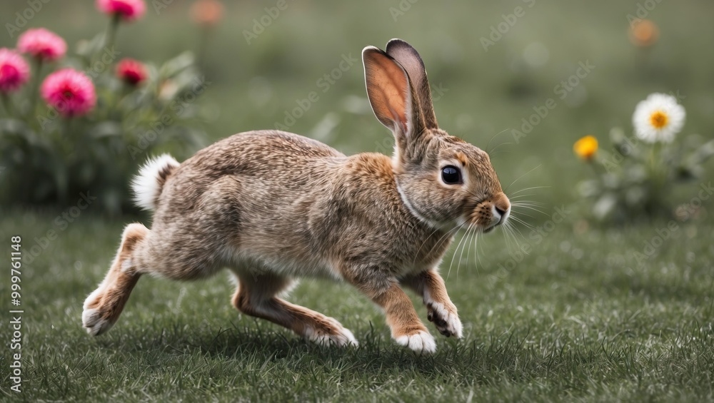 Fototapeta premium Playful rabbit running across a vibrant garden, surrounded by colorful flowers, capturing a lively outdoor scene full of energy and nature