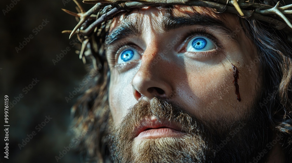 A heartfelt portrayal of a man with piercing blue eyes in a crown of thorns conveying deep emotion in a sacred setting. Generative AI A heartfelt portrayal of a man with piercing blue eyes in a crown of thorns conveying deep emotion in a sacred setting. Generative AI