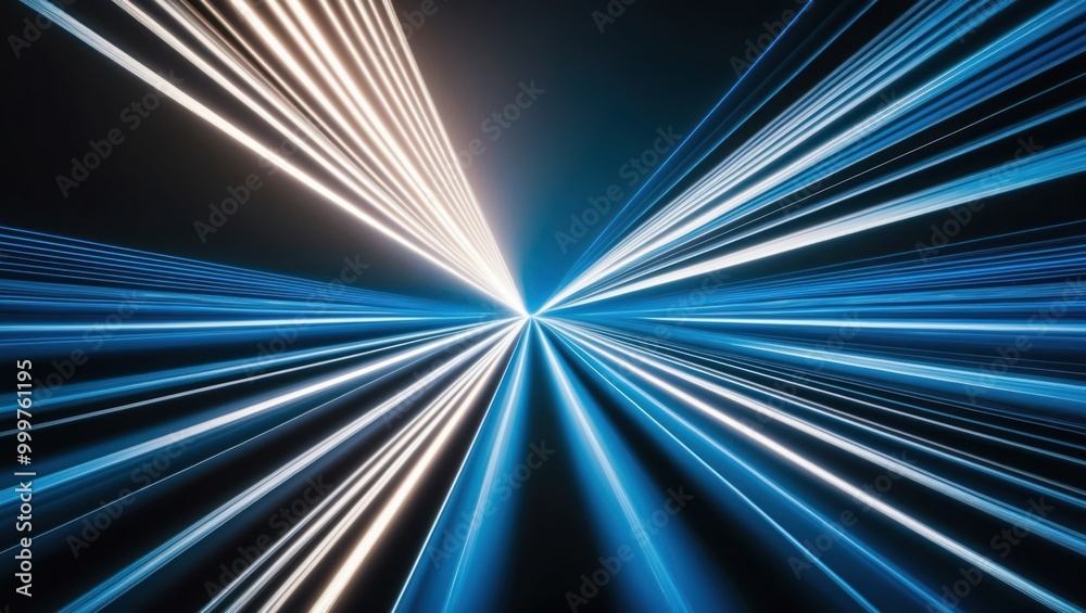 Futuristic abstract image showcasing light beams in vibrant blue and white, creating a dynamic sense of energy and motion
