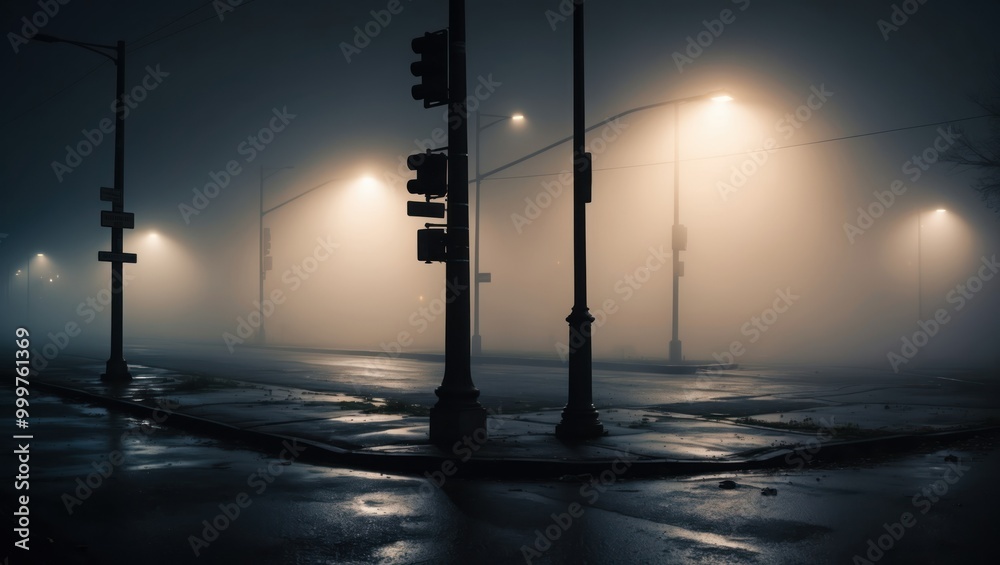Foggy street at night with glowing streetlights casting soft ...