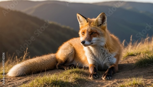 Wild fox resting in a picturesque mountain landscape at sunset, showcasing natural beauty and wildlife tranquility in a serene outdoor setting