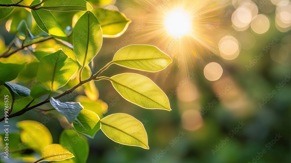 Obraz premium A close-up of green leaves illuminated by sunlight, creating a serene natural atmosphere.