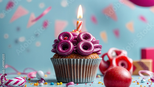 Birthday cupcake with burning lit candle with number 88. Number eighty-eight for eighty-eight years or eighty-eighth anniversary. photo