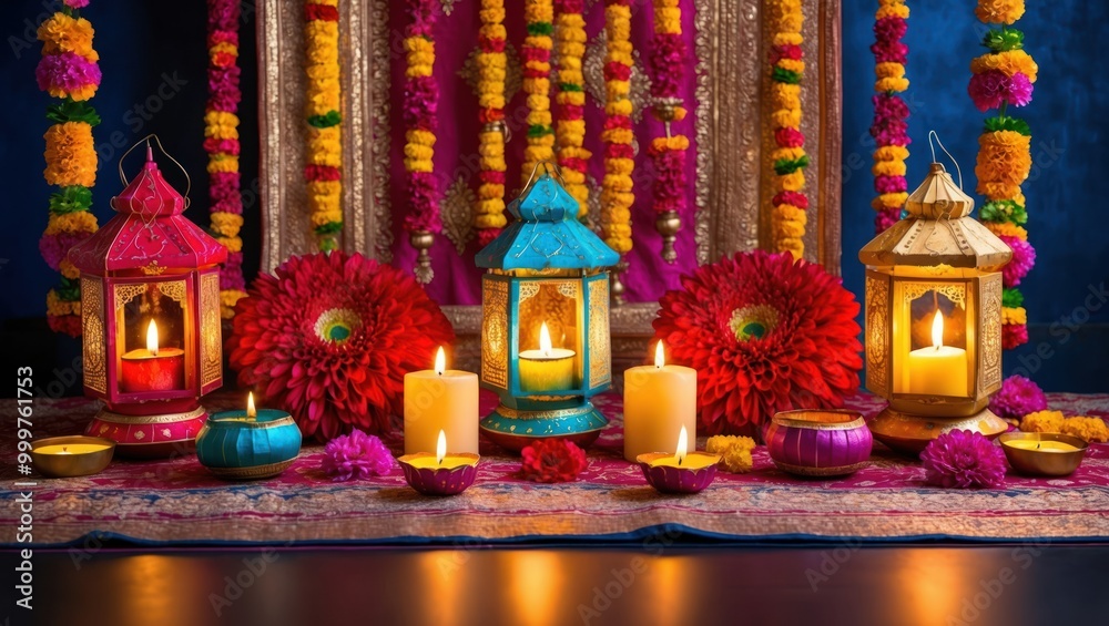 Fototapeta premium Colorful lamps and candles surround flowers and decorations, creating a vibrant atmosphere for a festive celebration Ideal for cultural and spiritual themes