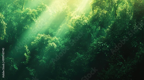 A serene forest scene with sunlight filtering through lush green foliage.