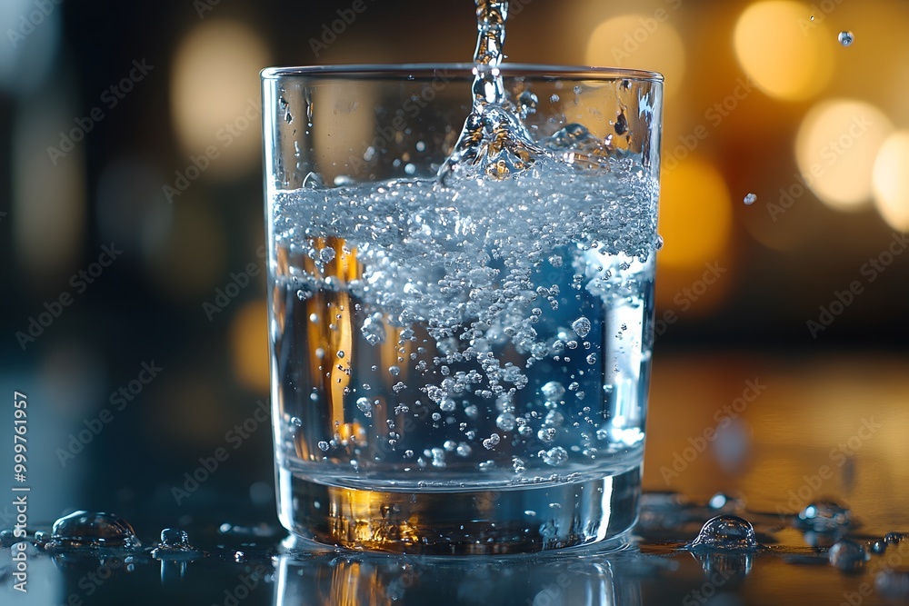 Glass of Mineral Water Being Poured into Crystal-Clear Glass: Effervescent Bubbles and Splash Captured Glass of Mineral Water Being Poured into Crystal-Clear Glass: Effervescent Bubbles and Splash Captured