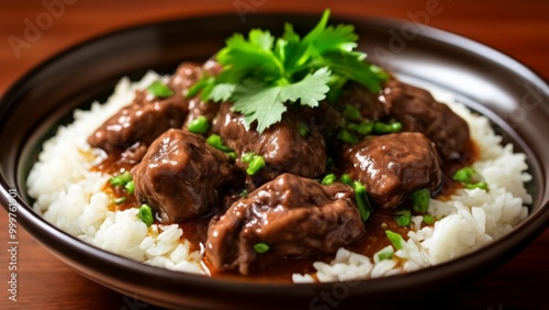  Delicious beef stew with rice and fresh herbs