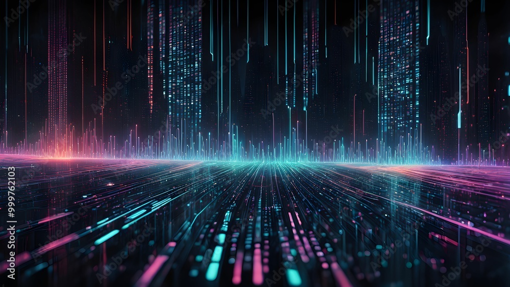 Abstract digital city skyline with glowing lines and data streams. Abstract digital city skyline with glowing lines and data streams.