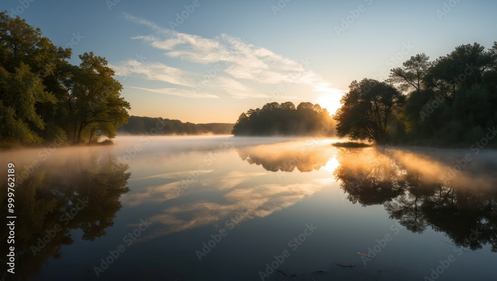 Serene sunrise over misty lake reflecting trees and colorful sky, creating a tranquil atmosphere ideal for outdoor exploration