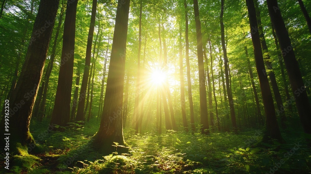 Obraz premium A sunlit forest scene with tall trees and lush greenery, creating a serene atmosphere.
