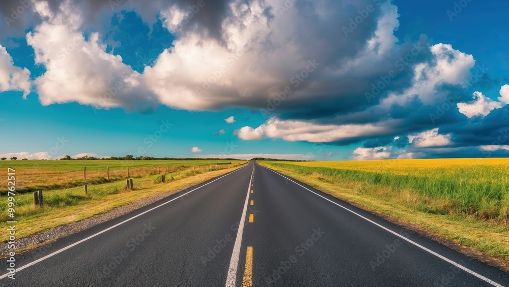 Expansive road through vibrant green fields under a bright blue sky with fluffy clouds, ideal for travel and exploration themes Expansive road through vibrant green fields under a bright blue sky with fluffy clouds, ideal for travel and exploration themes