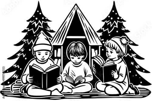 Winter Storytime: Children Reading Books by a Cozy Cabin in the Snow