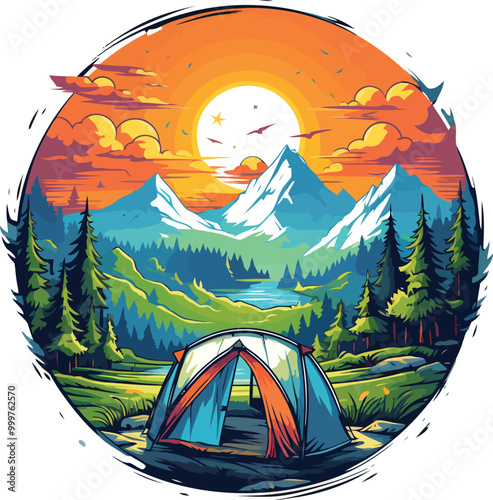 Mountain Camping Scene with Tent and Pine Trees Vector illustration for Tshirt design