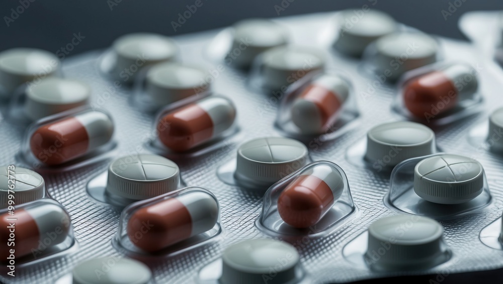 Close up of various pills and capsules in a blister pack, showcasing medication for healthcare and wellness use Close up of various pills and capsules in a blister pack, showcasing medication for healthcare and wellness use