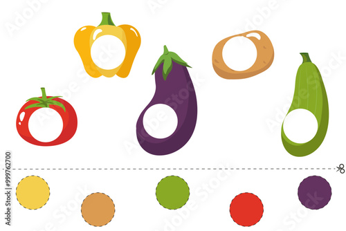 Cut out and glue colorful circles onto the vegetables. Learning to cut. Game for children. Educational cards for children. Preschool activity pages worksheet with cut out insert.