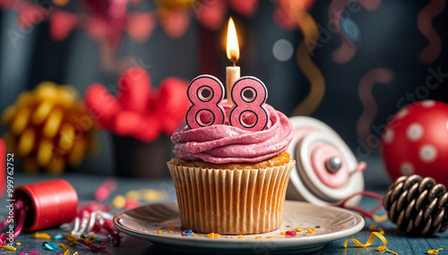 Birthday cupcake with burning lit candle with number 88. Number eighty-eight for eighty-eight years or eighty-eighth anniversary. photo