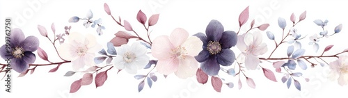 Elegant watercolor composition of dark hellebores, anemones, and clematis branches on white background, perfect for invitations and wedding cards. photo